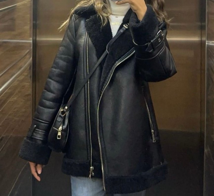 Kürk Detaylı Siyah Deri Biker Ceket - Görsel 3