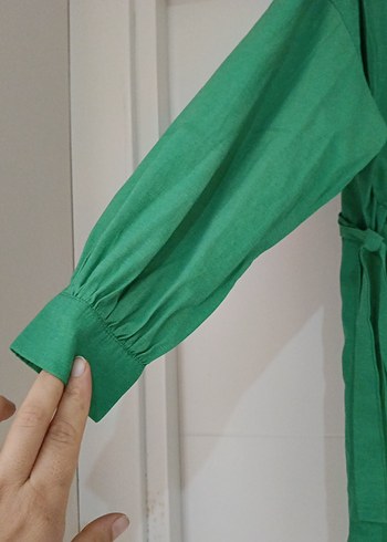 Diğer Düğmeli Yeşil Uzun Keten Kadın Gömlek