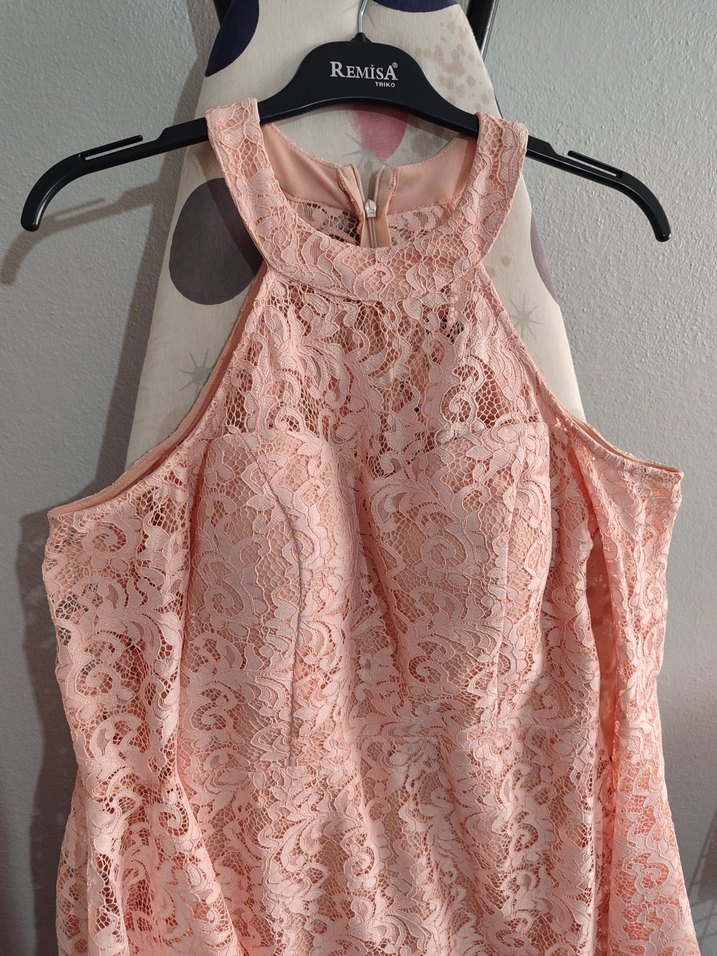 pudra Dantelli Straplez Midi Abiye - Görsel 4