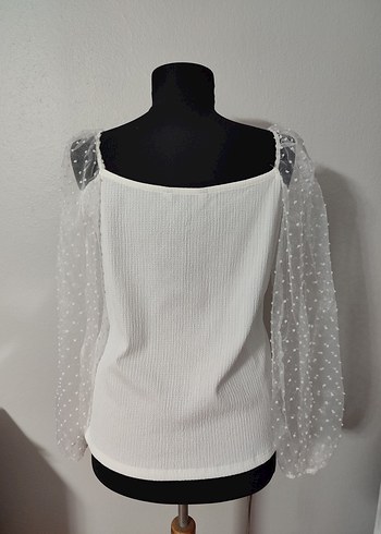 Uzun Kollu V Yaka İşlemeli Beyaz Bluz - Görsel 2