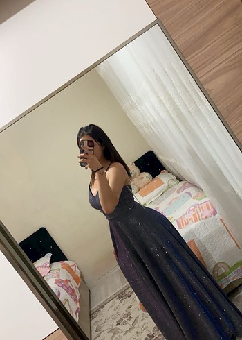 Mor V Yaka Drapeli Midi Abiye Elbise - Görsel 3