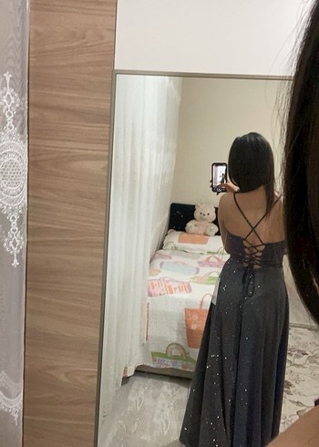 Mor V Yaka Drapeli Midi Abiye Elbise - Görsel 2