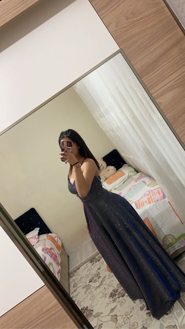 Mor V Yaka Drapeli Midi Abiye Elbise - Görsel 3