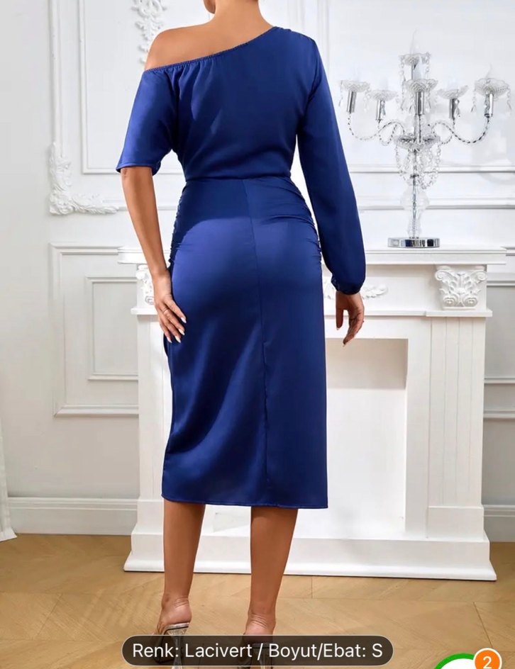 Lacivert Drapeli Modern Klasik Uzun Elbise - Görsel 3