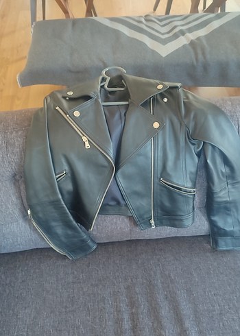 Academia Siyah Deri Biker Ceket, Kemerli, Notched Yaka