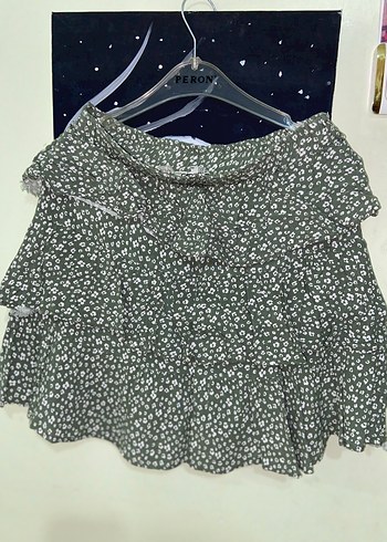 Yeşil Çiçekli Fırfırlı Mini Etek