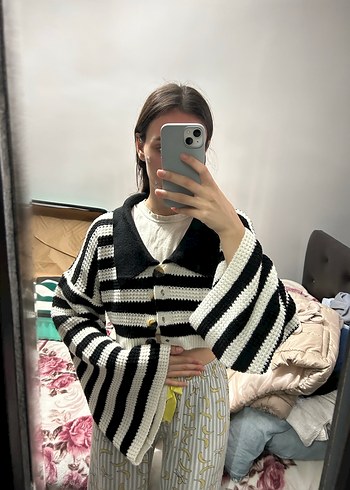 Diğer Gri Zebra Desenli Örgü Kadın Hırka