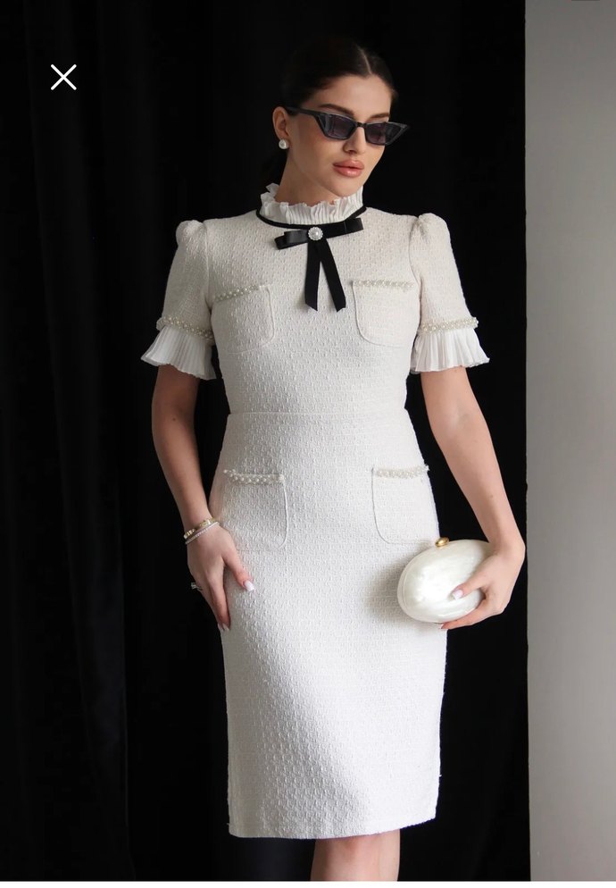 Beyaz Dik Yaka İnci ve Kurdeleli Premium Kısa Kollu Tüvit Elbise - Görsel 5