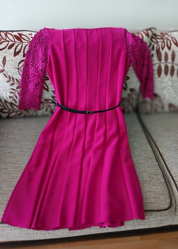 Pembe Pilili Midi Abiye Elbise