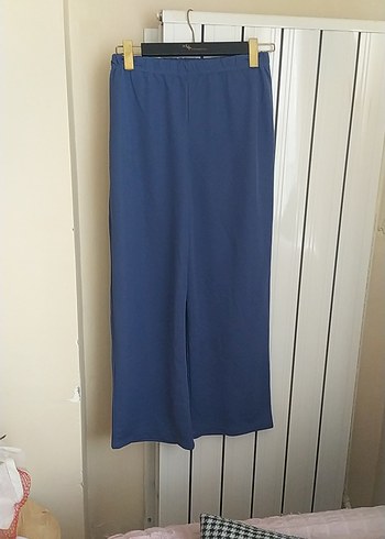 Kadın Mavi Midi Geniş Kesim Kumaş Pantolon