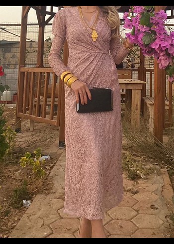 Dantel Detaylı Bej Uzun Abiye Elbise - Görsel 2