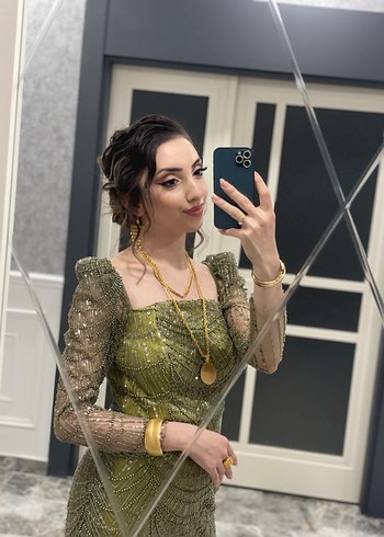 Uzun Kollu Nakışlı Haki Abiye Elbise - Görsel 2