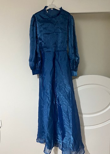 Uzun Mavi Tesettür Abiye - Görsel 2