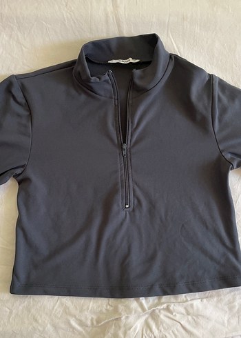 Gri Fermuarlı Kadın Sportif Uzun Kollu Crop