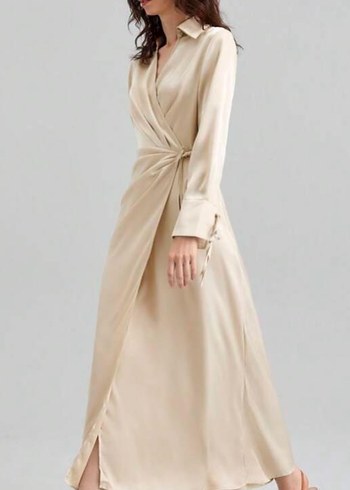 Kadın Haki Uzun Drapeli Saten Gömlek Elbise - Görsel 3