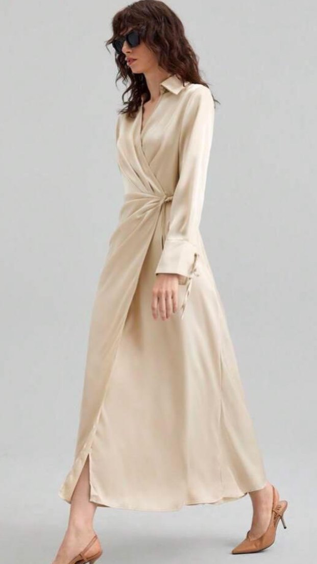 Kadın Haki Uzun Drapeli Saten Gömlek Elbise - Görsel 3