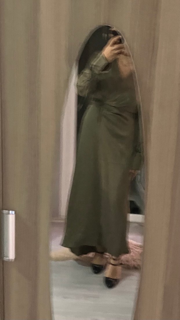 Kadın Haki Uzun Drapeli Saten Gömlek Elbise - Görsel 2