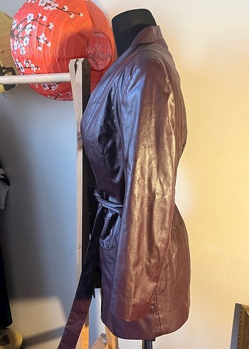 Bordo Deri Kemerli Kadın Ceket - Görsel 3