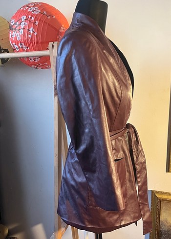 Bordo Deri Kemerli Kadın Ceket - Görsel 2