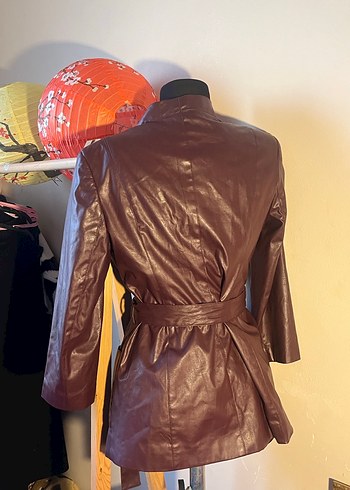 Bordo Deri Kemerli Kadın Ceket - Görsel 4