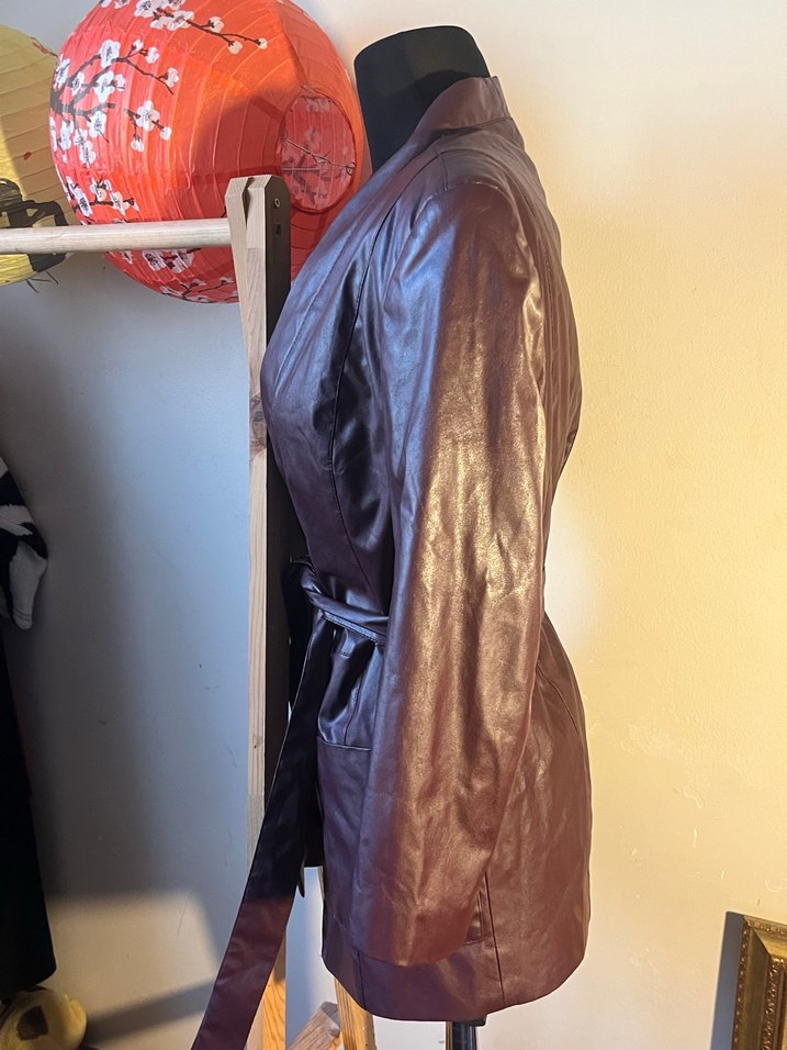 Bordo Deri Kemerli Kadın Ceket - Görsel 3