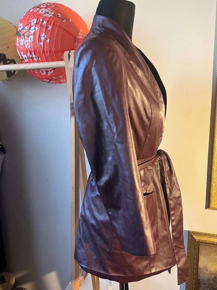 Bordo Deri Kemerli Kadın Ceket - Görsel 2