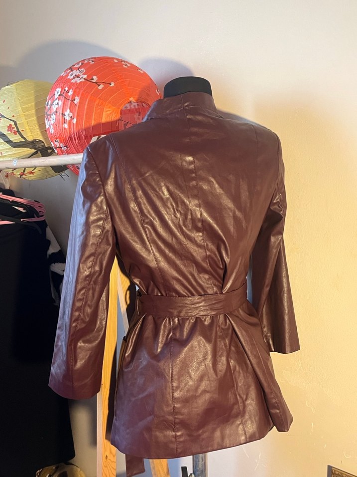 Bordo Deri Kemerli Kadın Ceket - Görsel 4