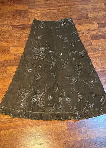 Boncuk İşlemeli Kahverengi Uzun Keten Etek - Görsel 2