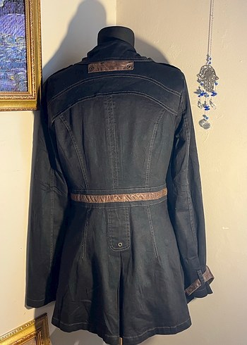 Siyah Kamuflaj Desenli Kemerli Denim Ceket - Görsel 4