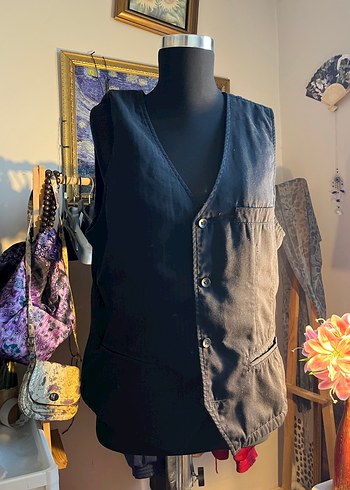 Düğmeli Siyah Keten unisex Yelek