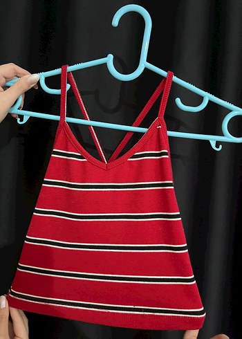 Kırmızı İnce Askılı Çizgili Mini Crop