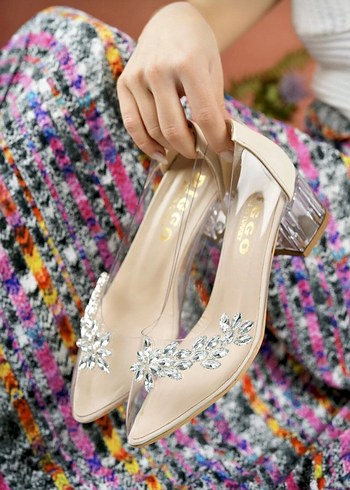 Beyaz Cam Topuklu Payetli Kadın Abiye Ayakkabı - Görsel 2