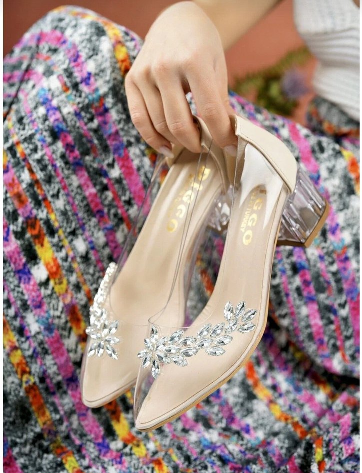 Beyaz Cam Topuklu Payetli Kadın Abiye Ayakkabı - Görsel 2