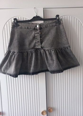 Diğer Gri Denim Mini Etek Fırfırlı Rahat Kesim
