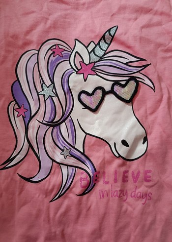 4 Yaş Beden Kız Çocuk Pembe Unicorn Baskılı Tişört