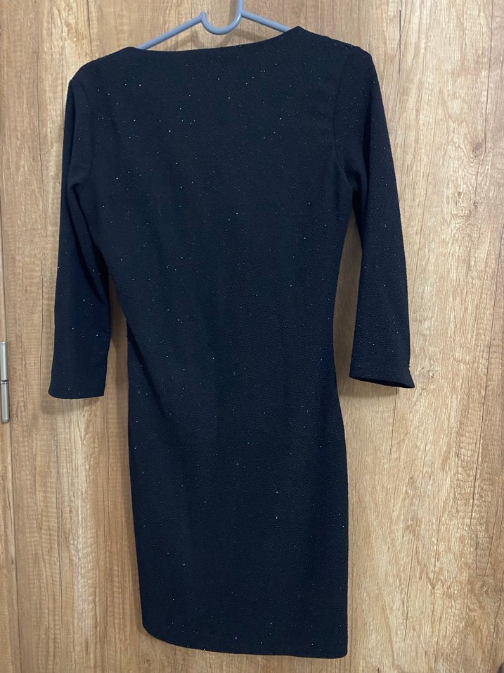 Siyah Simli V Yaka Midi Elbise - Görsel 2