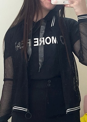 Siyah Kadın Kısa Kollu Sweatshirt ceket ikili takım - Görsel 2