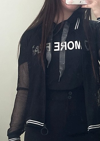 Siyah Kadın Kısa Kollu Sweatshirt ceket ikili takım - Görsel 4