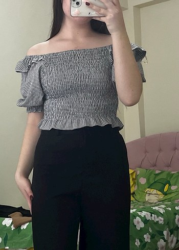 Gri Kareli Volanlı Straplez Bluz - Görsel 2