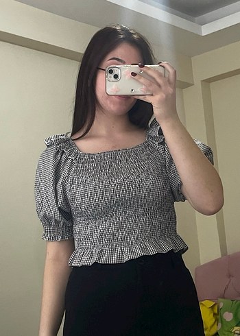 Gri Kareli Volanlı Straplez Bluz - Görsel 3