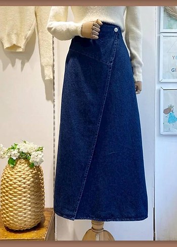 Drapeli Lacivert Uzun Denim Etek