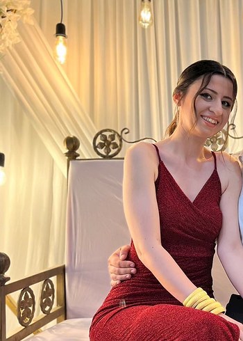 Diğer Kırmızı Drapeli V Yaka Uzun Abiye Elbise