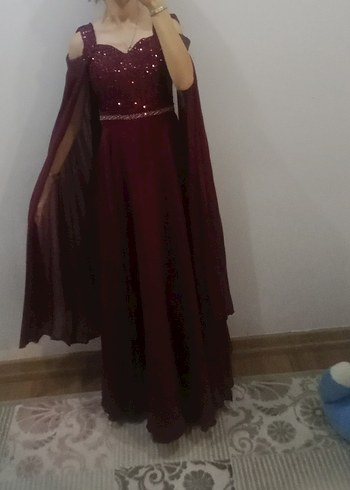 Bordo Uzun Abiye Elbise Drapeli