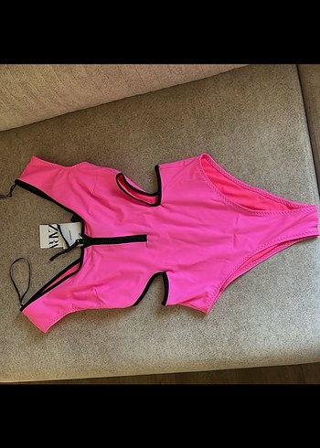Fermuarlı neon Pembe Askılı Kadın Mayo
