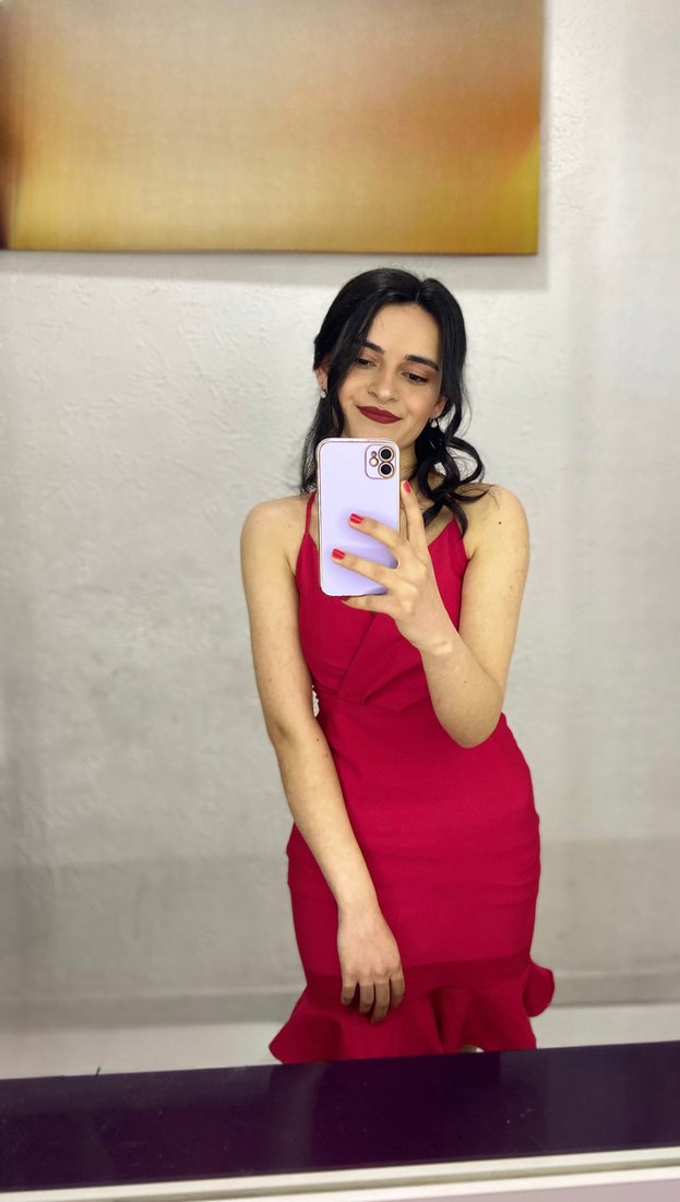 Baskılı Kırmızı Straplez Midi Elbise - Görsel 3