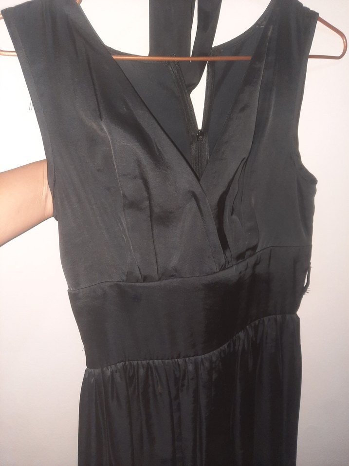 Drapeli V Yakalı Siyah saten Midi Elbise - Görsel 2