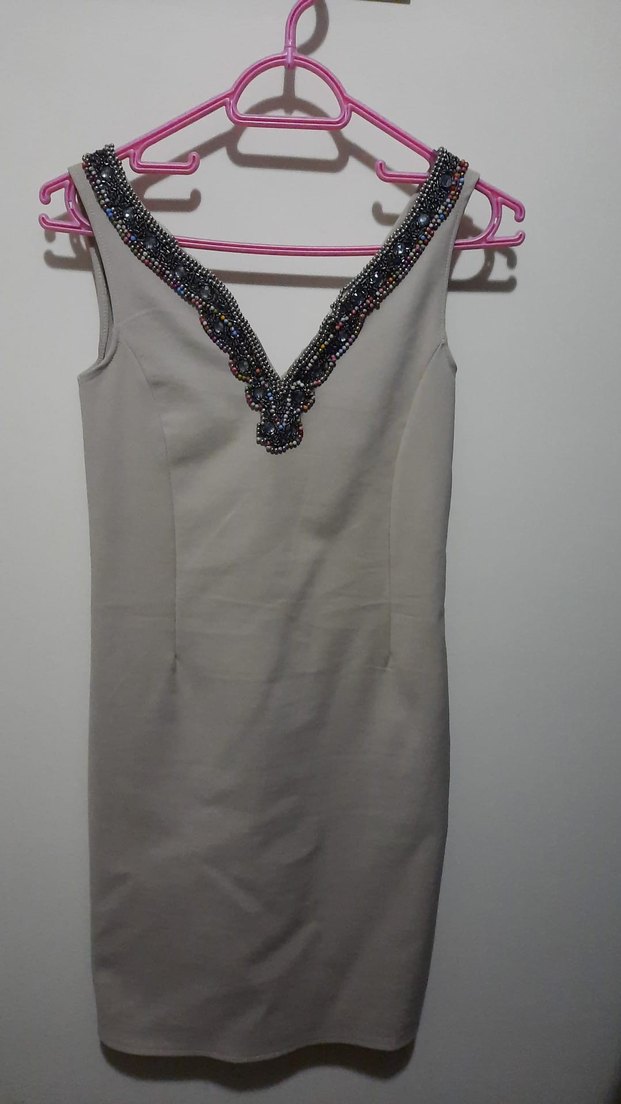 yakası boncuk işleme detayli v yaka şık ve zarif mini elbise - Görsel 3