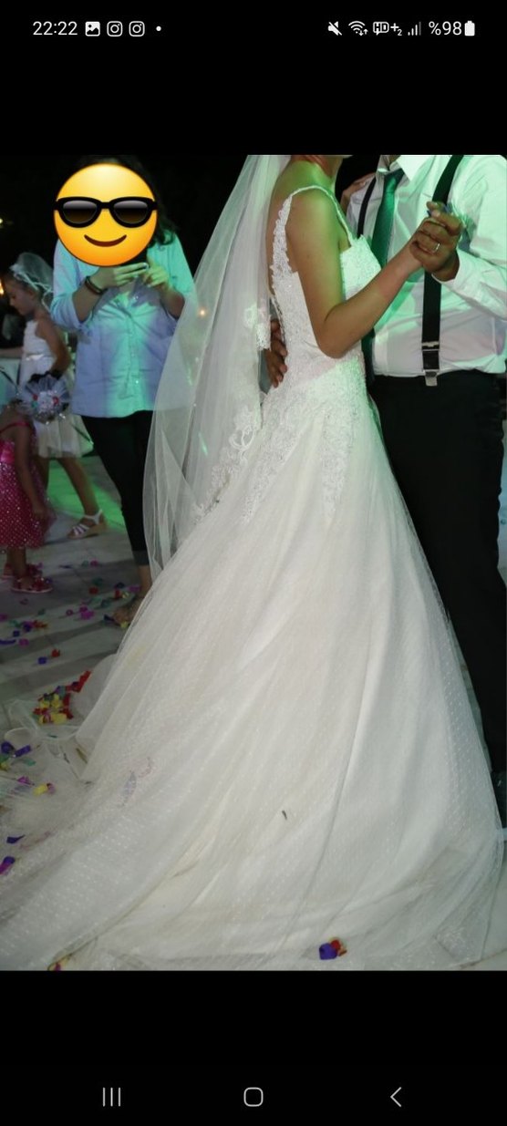 Dantel Detaylı kalp Yakalı kirik Beyaz A Kesim Gelinlik - Görsel 3