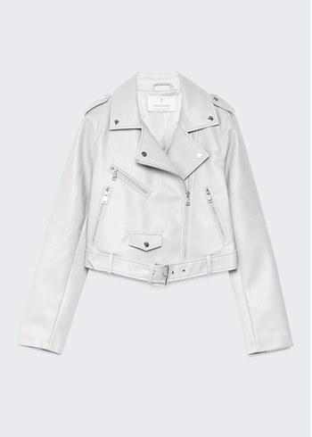 Beyaz Deri Kemerli Kadın Ceket - Görsel 2