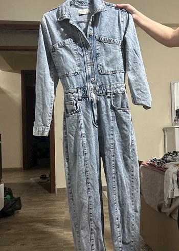 34 Beden Düğmeli Jean Kadın Tulum, Normal Boy, Mavi